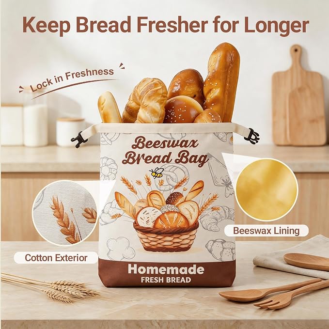 Beeswax Bread Bag, 2 Pack Reusable Bread Bags for Sourdough & Homemade Bread, Phsfem XL Size Organic Cotton Linen Bags with Natural Beeswax Lining,for Bread Freshness,Friendly Use,Brown