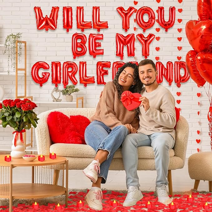 Will You Be My Girlfriend Balloon Proposal Decor 24 LED Flameless Tealight Heart Candle 2000 Artificial Rose Petals Love Balloon for Engagement Wedding Decor Romantic Special Night(Red)