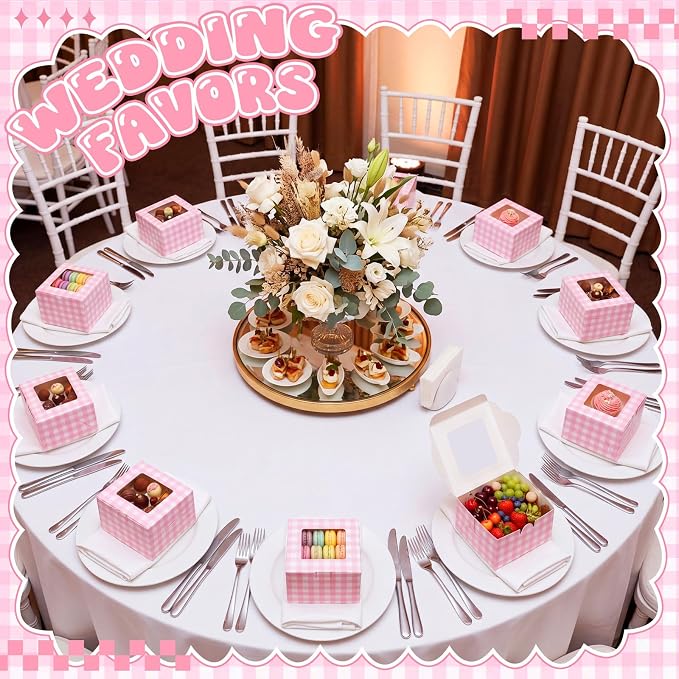 50 Pack Pink Gingham Cookie Box with Window, Small Plaid Bakery Boxes for Pastry Donuts Macaroon Cupcakes, Gingham Party Supplies Wedding Bridal Shower Sweet 16 Party Favors
