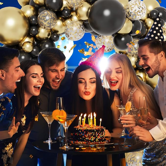 RUBFAC 130pcs Black and Gold Balloons, Black Metal Gold and Metallic Confetti Gold Balloons for 2026 New Year Graduation Class Decorations Retirement Party Baby Shower Wedding Birthday Anniversary