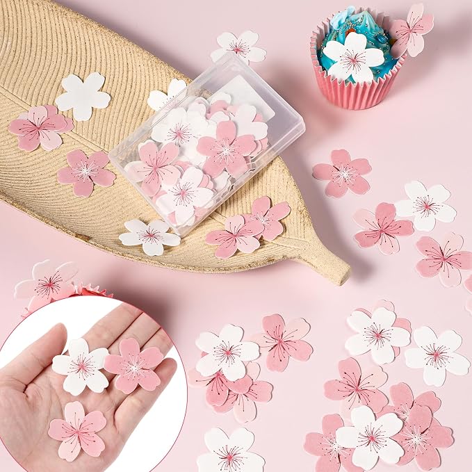 60 Pcs Edible Cherry Blossom Cake Decorations Edible Flowers Cupcake Topper Wafer Paper Flowers Cake Toppers for Cherry Baby Shower Kids Birthday Party Food Decorations Supplies Pink