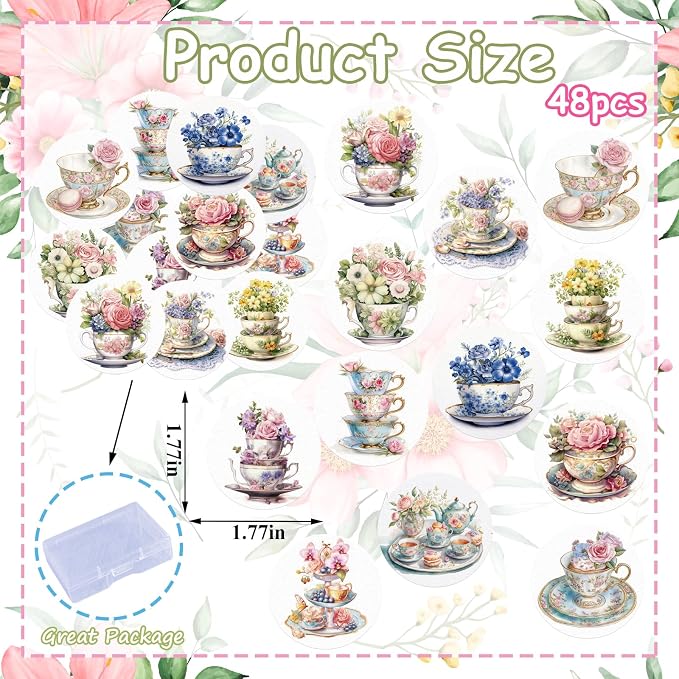 48PCS Edible Spring Floral Tea Cupcake Toppers Wafer Paper Vintage Teapot Vase Cake Picks Edible Floral Teapot Cupcake Toppers for Spring Teacups Princess Theme Cake Decor Supplies