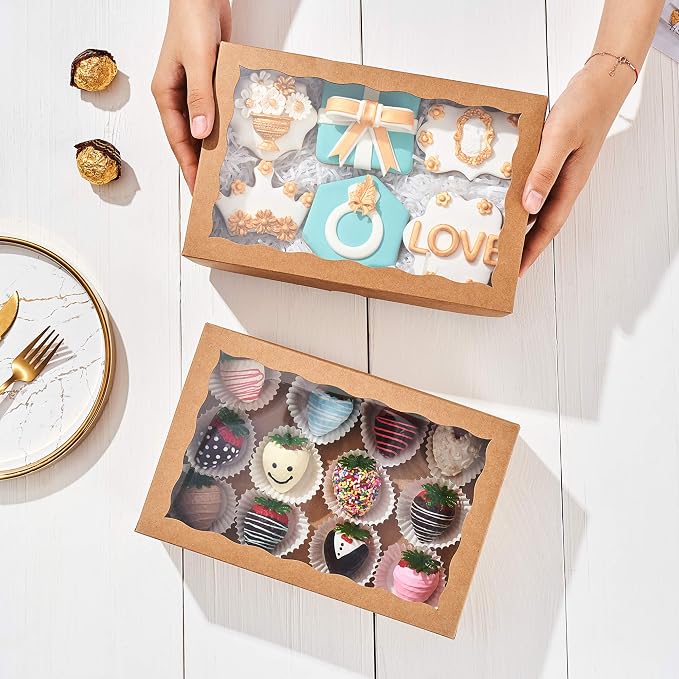 24PCS 10 x 7 x 2.5 inches Professional One Piece Strawberries Boxes, Cookies Boxes with With Clear Window for Visibility, Brown Natural Kraft Paper Box