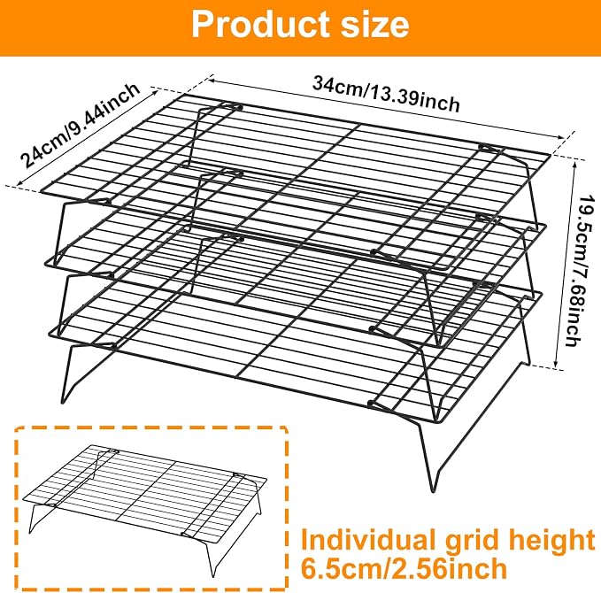 3-Tier Cookie Cooling Rack, 13.4“x9.4" Stackable Iron Baking Cooling Rack,Cooling Rack for Baking, Foldable Wire Cooling Rack Space Saving for Cupcakes Pies Cookies gadgets