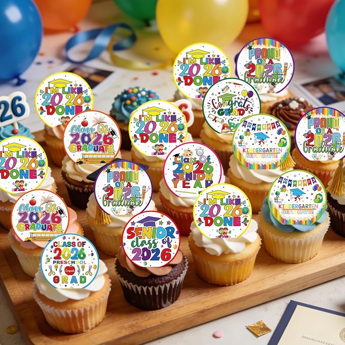 48pcs Edible 2026 Kindergarten Graduation Cupcake Toppers Wafer Paper Preschool Cake Decorations Edible Class of 2026 Cupcake Picks for 2026 Kindergarten Grad Theme Party Cake Decor Supplies
