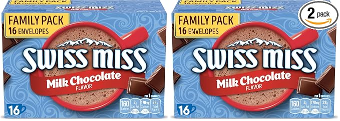 Swiss Miss Milk Chocolate Flavored Hot Cocoa Mix, Family Pack, Hot Cocoa Bar Supplies, 1.38 oz., 16-Count Envelopes (Pack of 2)