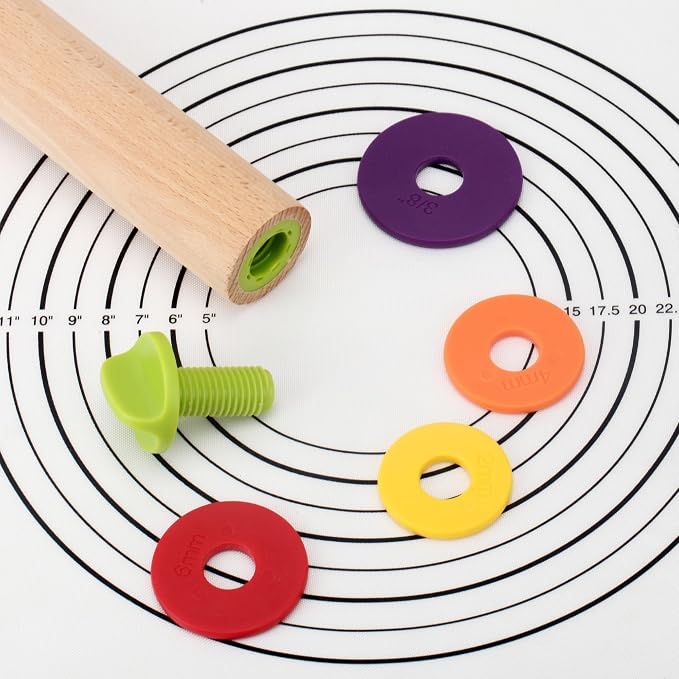 Adjustable Rolling Pin with 4 Thickness Rings, 13.6'' Wooden Dough Roller | Multicolor removable rings( 1/16''to 3/8'') for precise dough thickness, ideal for pizza, pies, pastries, cookies & making