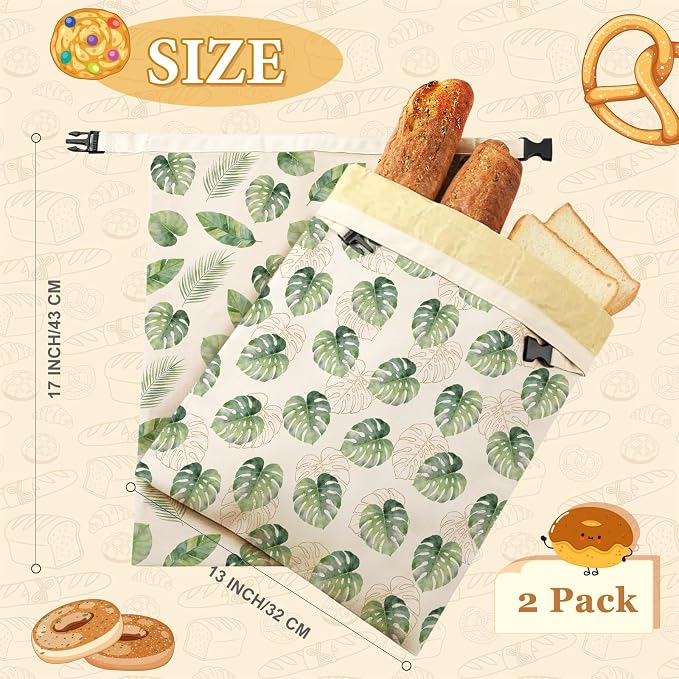 2 Pack Beeswax Bread Bags for Homemade Sourdough Bread, 17x13 Inch Reusable Linen Beeswax Bread Bag with Buckle to Keeps Bread Freshness for Food Storage(Palm Leaves)