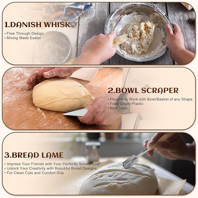 Banneton Bread Proofing Basket Set of 2, 9 Inch Round Sourdough Proofing Basket, Sourdough Starter Kit, Sourdough Bread Baking Supplies with Dough Scraper, Danish Dough Whisk, Bread Lame, Bowl Scraper