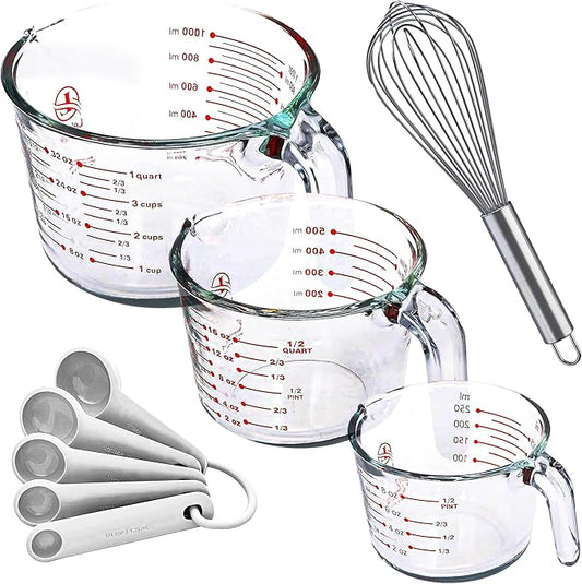 Le'raze Set of 3 Glass Measuring Cups with Measuring Spoons & Whisk - Kitchen Mixing Bowl Liquid Measure Cup, Glass Bakeware. 1 cup, 2 cup, 4 cup., Multi Size, Clear