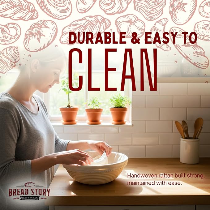 Bread Story Round Banneton Bread Proofing Basket Set – Handmade Rattan Brotform Dough Bowl with Cloth Liner, Sourdough Tools & Baking Supplies for Home Bakers – Baking Kit, 10 Inch