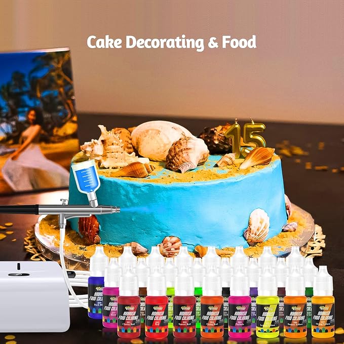 Cake Airbrush Decorating Kit with Compressor: Futebo Cookie Airbrush Kit with 24 Vivid Airbrush Liquid Food Colors, Decorate Cakes, Desserts or Other Baking Food(Color: White)