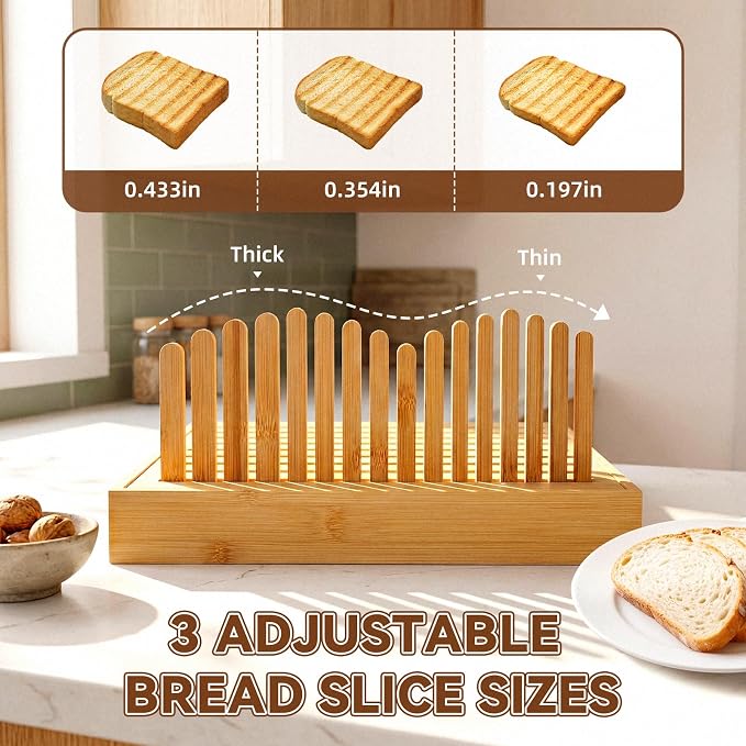 Bamboo Adjustable Bread Slicer with Crumb Catcher Tray, Foldable 3 Thickness Cutting Board, Non-Slip Multi-Purpose Serving Tray for Toast, Sourdough, Baguette Homemade Bread