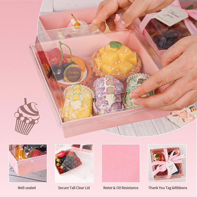 7 x 7 x 2.6 Inches Large Charcuterie Boxes with Clear Lids, 50 Pack Disposable Square Pink Bakery Boxes, To Go Paper Food Container for Cake Slices, Sandwiches, Cookies, Dessert