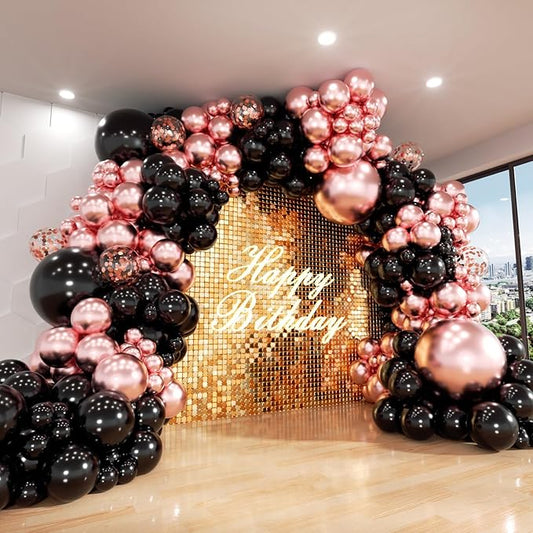 Rose Gold and Black Balloon Arch Kit, ADOINBY 140Pcs Metallic Rose Gold Black Balloon 18 12 10 5 Inch Different Size Balloons for Birthday Party Bridal Shower Wedding Engagement Anniversary Decoration