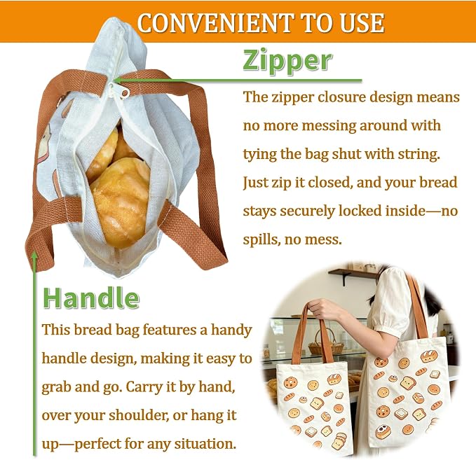 Linen Bread Bags for Homemade Sourdough Bread, Reusable 2-Pack XL 13x17 Inch Food-Safe Storage for Bakery Loaf, Breathable Fabric Keeps Bread Fresh Longer, No Plastic Lining Zipper Closure with Handle