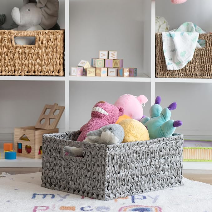 JS HANGER Large Woven Rattan Storage Basket with Handle for Organizing Waterproof Plastic Wicker Basket for Bathroom, Living Room 16.53’’ x 12.8’’ x 7.5’’ Grey