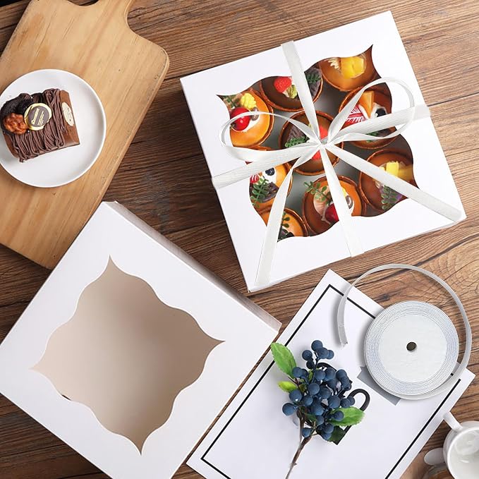 KEEPARTY 25PCS 6x6x5 Inches White Bakery Boxes with Window Bulk Cardboard Pastry Boxes for Cookies Macaroons Pies Gifts and Birthday Party Elegant White Design Pastry Boxes