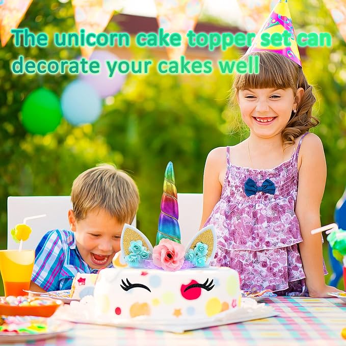 Unicorn Cake Topper Handmade Rainbow Horn Unicorn Cake Topper Happy Birthday Party Decoration Supplies Magic Reusable Cake Toppers with Eyelashes and Stack for Girls Kid Women, 5.8 Inch