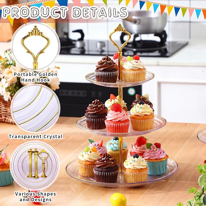 Teenyyou 8 Pack 3 Tier Cupcake Stand Bulk Tiered Dessert Stand Thick Plastic Serving Tray with Gold Edges Dessert Table Display Set Tea Cake Holder for Wedding Birthday Party (Clear Gold,Crown Shaped)