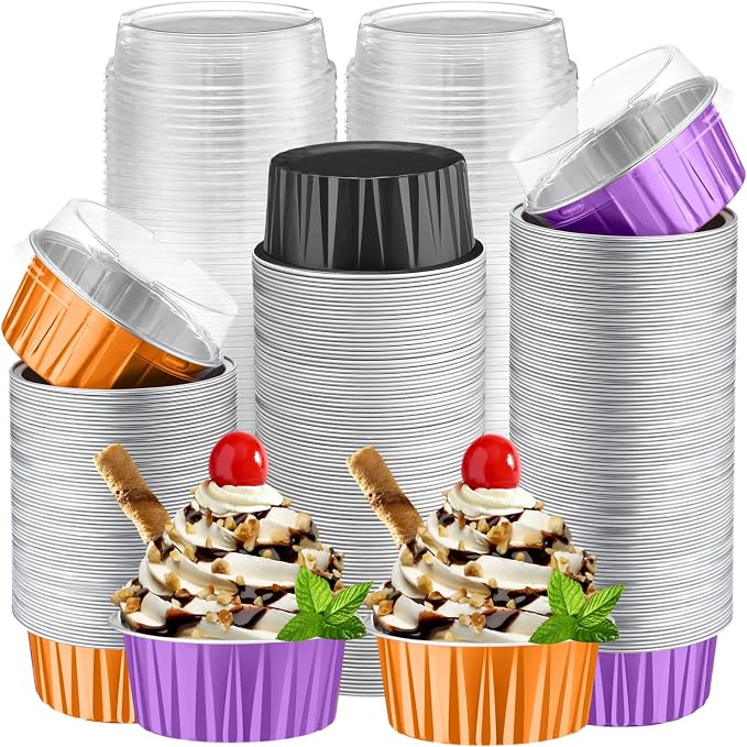200 Pack Aluminum Foil Cupcake Liners with Lids, 5 oz Round Baking Cup, Disposable Ramekin Container for Graduation Wedding Independence Day Party(Purple, Orange, Black,Halloween)