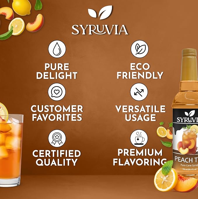 Syruvia Peach Tea Syrup, Flavored Syrup for Teas, Drinks, Lemonades, Iced Teas, and Desserts – 25.4 fl oz - with Pump