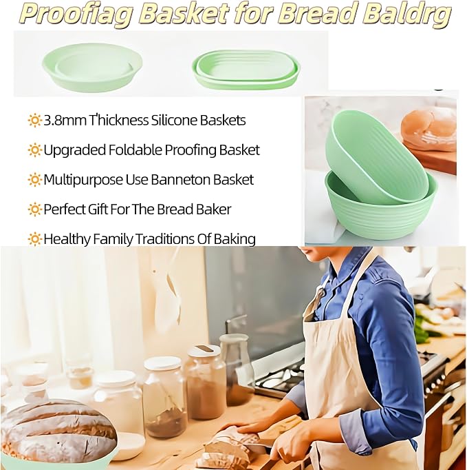 Banneton Bread Proofing Baskets,Silicone Sourdough Bread Baking Supplies, Bread Proofing Baskets for Sourdough, 9.3" Round Collapsible Sourdough Baking Basket (Green round)