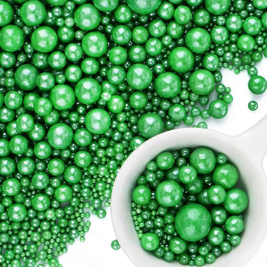 Green Pearl Sprinkles for Cake Decorating, 6 Sizes Mix 4.6 oz Edible Pearls Sugar Sprinkles for Baking Cupcake Cookies