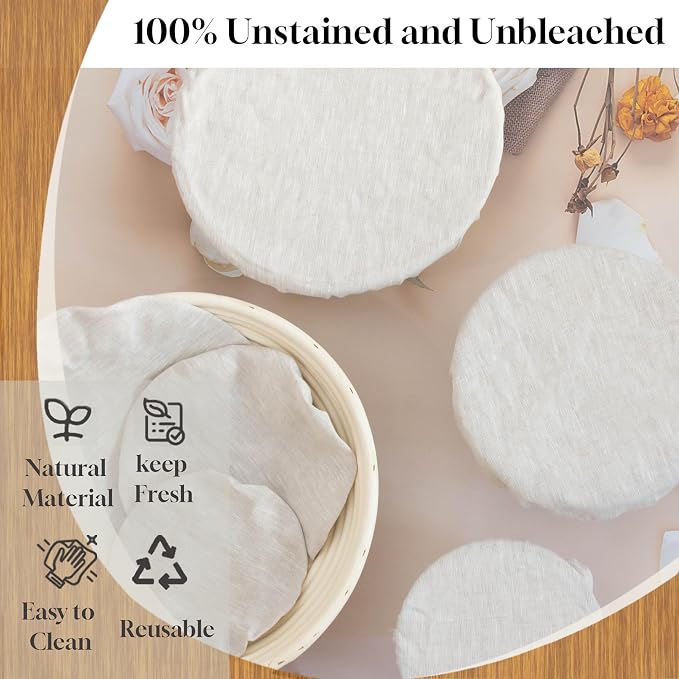 3 Pack Reusable Bowl Covers for Bread Proofing, 6/8/10 Inch Linen Bowl Covers with Elastic Rim, 100% Natural Organic Linen, Unbleached, Elastic Lids for Sourdough, Dough Proofing and Food Storage
