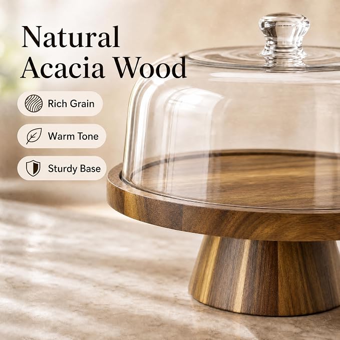 Acacia Wood Cake Stand with Lid, 11.4" Cake Stand with Acrylic Dome, 2-In-1 Cake Display Stand with Magnetic Base, Cake Holder for Charcuterie, Snacks&Desserts for Birthday/Wedding/Kitchen/Party