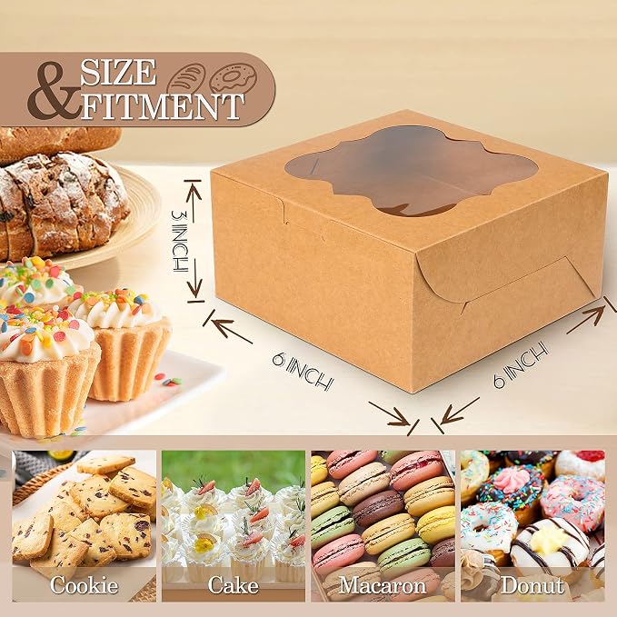 KPOSIYA 65PCS Bakery Boxes with Window 6x6x3 Inches 5 Style Cookie Boxes Small Pastry Boxes for Candy, Dessert, Pastry, Donuts, Birthday Party, Wedding(Brown)
