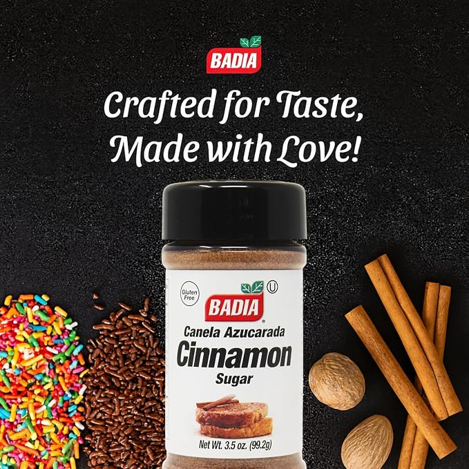 Badia Cinnamon Sugar, 3.5 oz – Sweet Blend of Cane Sugar and Ground Cinnamon, All Purpose Topping for Baking, Coffee, Desserts, Gluten Free