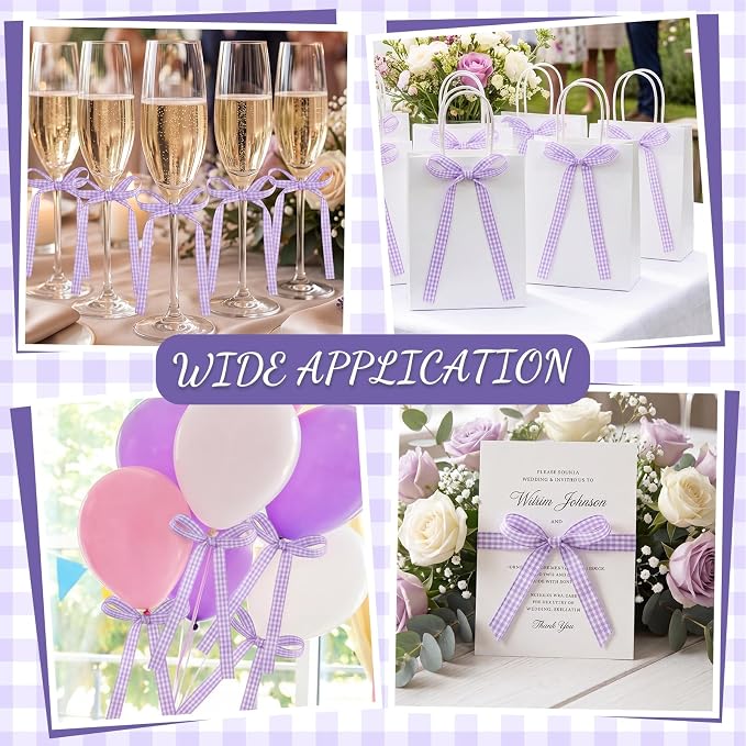 30 PCS Bow Cupcake Topper Purple Gingham Ribbon Bows for Cake Handmade Bow Birthday Decorations for Weddings, Baby Showers, Wedding, Engagements and Dessert Tables