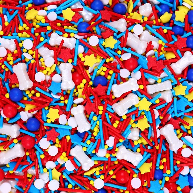 Red Blue Yellow Sprinkles with Dog Bone Candy for Cupcakes Decorating,3oz Sprinkle Mix for Birthday Pet Themed Cupcakes, Cakes, Donuts, Cookies Decorating