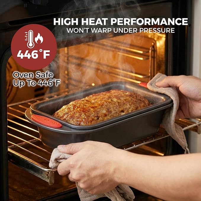 PERLLI Nonstick Meatloaf Pan with Drain Tray, Elevated Inner Pan for Fat and Grease Removal, Easy Grip Silicone Handles, Dishwasher Safe with Heavy-Duty Carbon Steel Bakeware for Even Heating (Gray)
