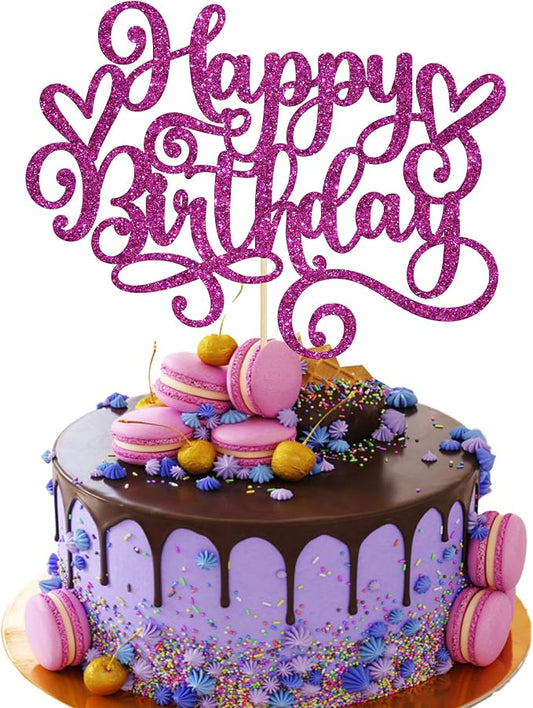 Gyufise 1Pcs Happy Birthday Cake Topper Glitter Cake Pick for Celebrating Anniversary Party Cake Decorations Supplies Purple