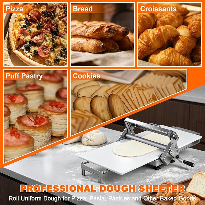 15.5" Folding Dough Sheeter, Manual Dough Roller Machine, Stainless Steel Adjustable Thickness 2-25mm, Countertop Dough Sheeter for Home and Commercial Use