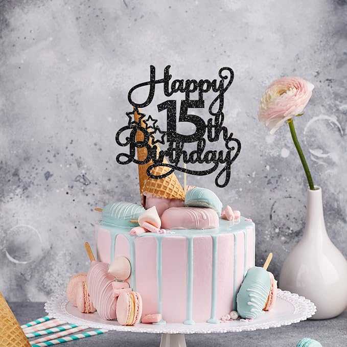 1 Pack Happy 15th Birthday Cake Topper Black Glitter Mis Quince 15 Cheers to 15 Years Old Birthday Cake Pick for Celebrating 15th Birthday Anniversary Party Cake Decorations Supplies
