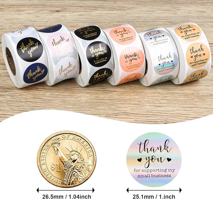 Thank You Stickers Small Business - 6 Rolls 3000 Pieces Thank You for Supporting My Small Business Stickers Labels for Envelopes, Bubble Mailers and Gift Bags Packaging, 1 Inch，500 Pieces Each Roll