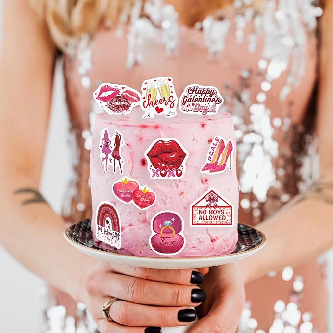 60PCS Edible Happy Galentine’s Day Cupcake Toppers Wafer Paper Girl Gang No Boys Allowed Cupcake Picks Be My Galentine Cake Decor for Girls Theme Single Party Decor Supplies