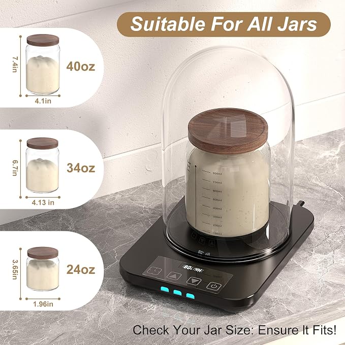 Sourdough Starter Warmer with Glass Dome, Warming Heating Pad Mat for Sour Dough Starter, Sourdough Heater Proofing Tool for Jars 24oz 34oz 40oz (Black)
