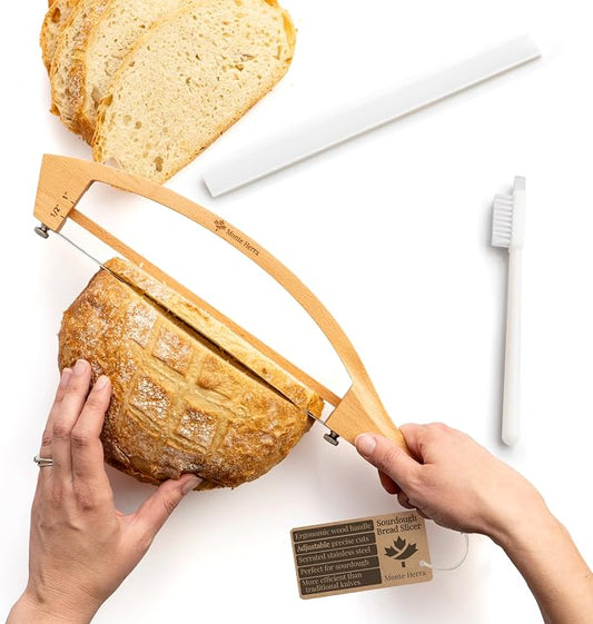 Adjustable Bread Knife for Homemade Bread - Bread Slicer with 1/2-inch and 1-inch Thickness Guides - 17 inch Bread Cutter - Bow Design Easy to Cutting Even Slices for Sourdough Baguettes Sandwiches
