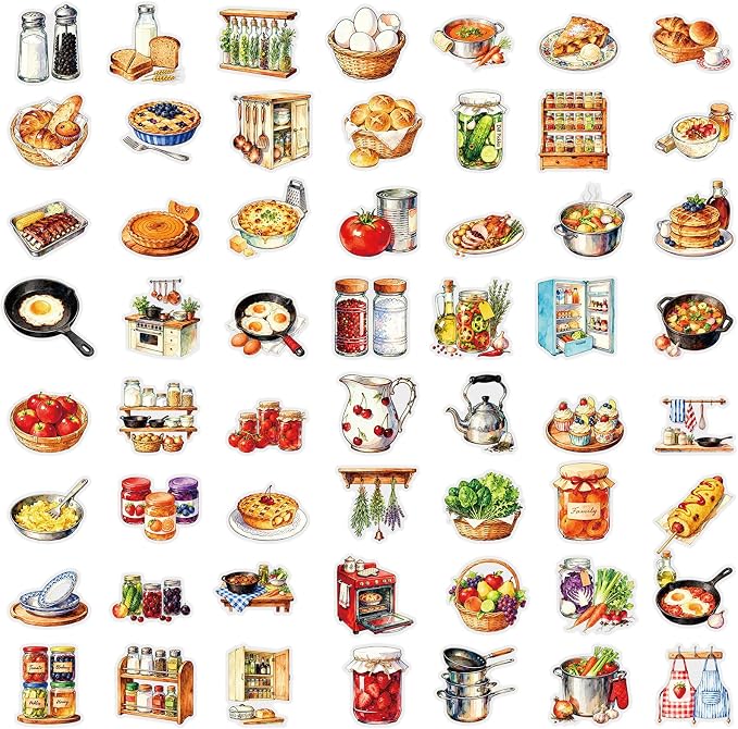 56 pcs Kitchen Food Cooking Clear PET Stickers, Vintage Bakery Bread Fruit Vegetable Transparent Die-Cut Decals, Waterproof Aesthetic Stickers for Journal Planner Scrapbook Recipe Book DIY Decor