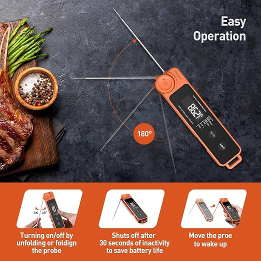 0.5 Sec Instant Read Meat Thermometer for Cooking, Ultra-Fast Digital Food Thermometer with Backlight, ±0.5°F Accuracy, IP67 Waterproof，Auto-Rotate/On/Off–Perfect for Grilling, BBQ, Smoker-Tangerine