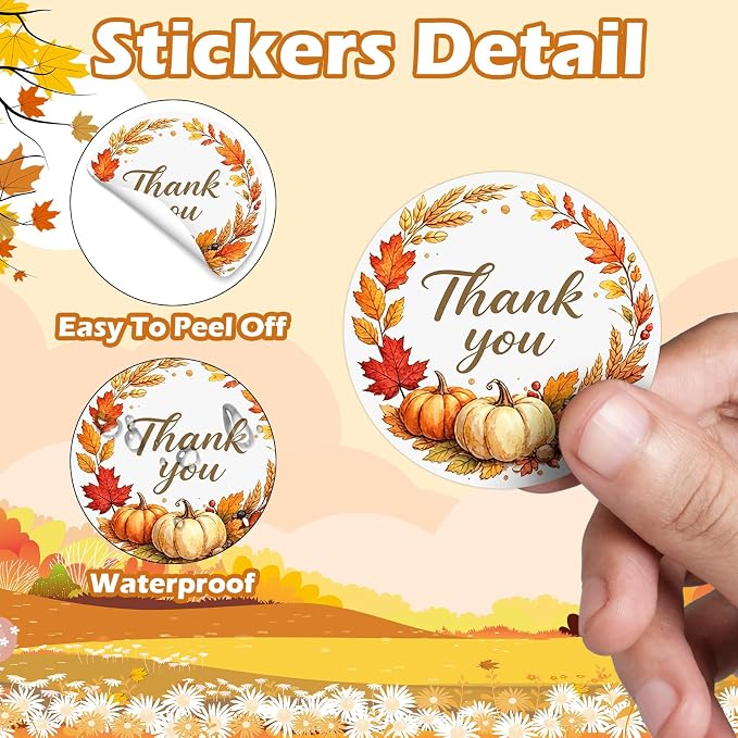 Louise Maelys 120Pcs Thank You Stickers Roll-2 Inch Autumn Thank You Sticker with Pumpkin & Leaf Pattern Labels for Thanksgiving, Gift, Party Favors, Small Business, Envelope,Holiday Decorations