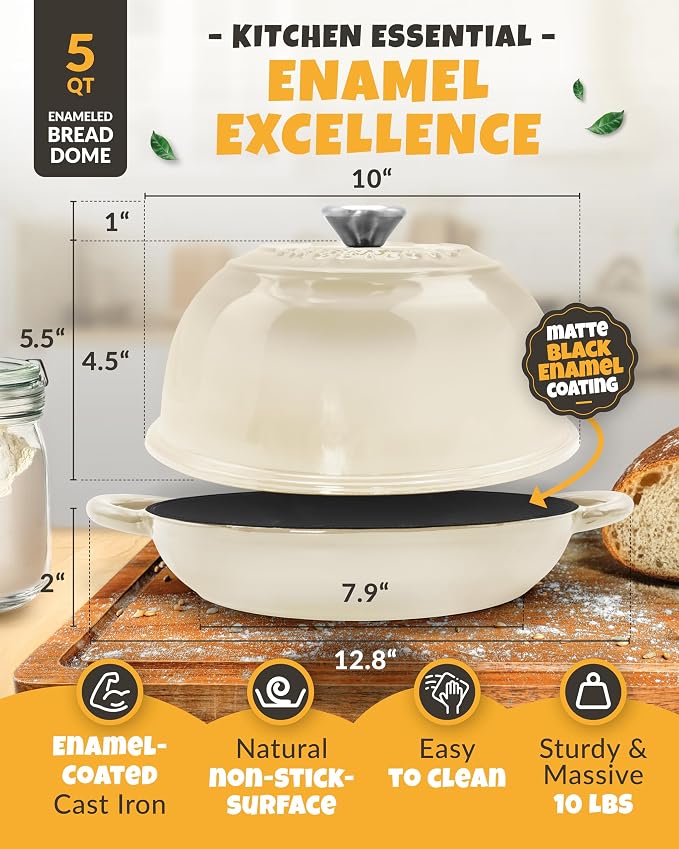CRUSTLOVE Dutch Oven Bread Baking - 5QT Enamel Bread-Oven - incl Sourdough Bread-Baking Suppliers like Dough Whisk Scoring Lame etc Bread-Dome Cast Iron Bread-Pan with Lid for Sour dough, Bread-making