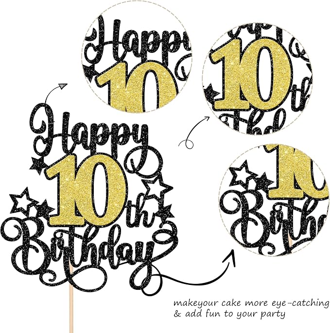 1 PCS Happy 10th Birthday Cake Topper Black Gold Glitter Cheers to 10 Years Birthday Cake Pick Hello 10 Fabulous Cake Decoration for Happy 10th Birthday Anniversary Party Decorations Supplies