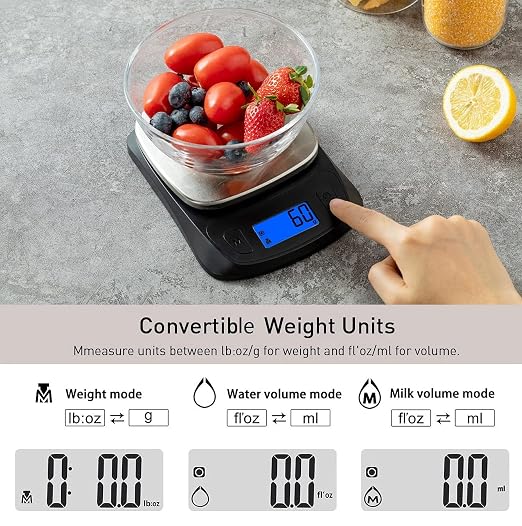NUTRI FIT Ultra Slim Kitchen Scale Digital Food Weight Scale for Baking Cooking in Grams and Ounces Tare & Backlit LCD Display 11lb 5kg Capacity- Black/Stainless Steel
