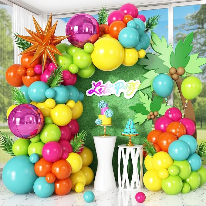 Tropical Balloon Arch Kit, Hot Pink Orange Yellow Green Teal Blue Tropical Balloon Garland with Orange Star Foil and Pink 4D Round Balloons for Hawaiian Luau Summer Party Decorations Birthday Decor