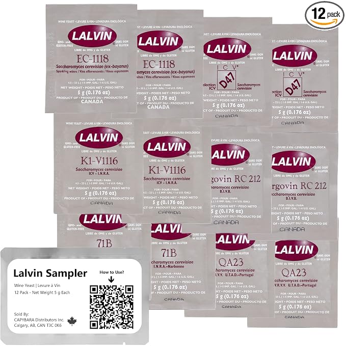 Lalvin Sampler Wine Yeast (12 Pack) - Make Wine Cider Mead Kombucha At Home - 5 g Sachets - Saccharomyces cerevisiae - Sold by CAPYBARA Distributors Inc.